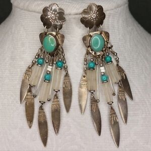 Vintage TABRA Sterling Silver 925 Turquoise & Glass Dangle Earrings Signed 3.25"